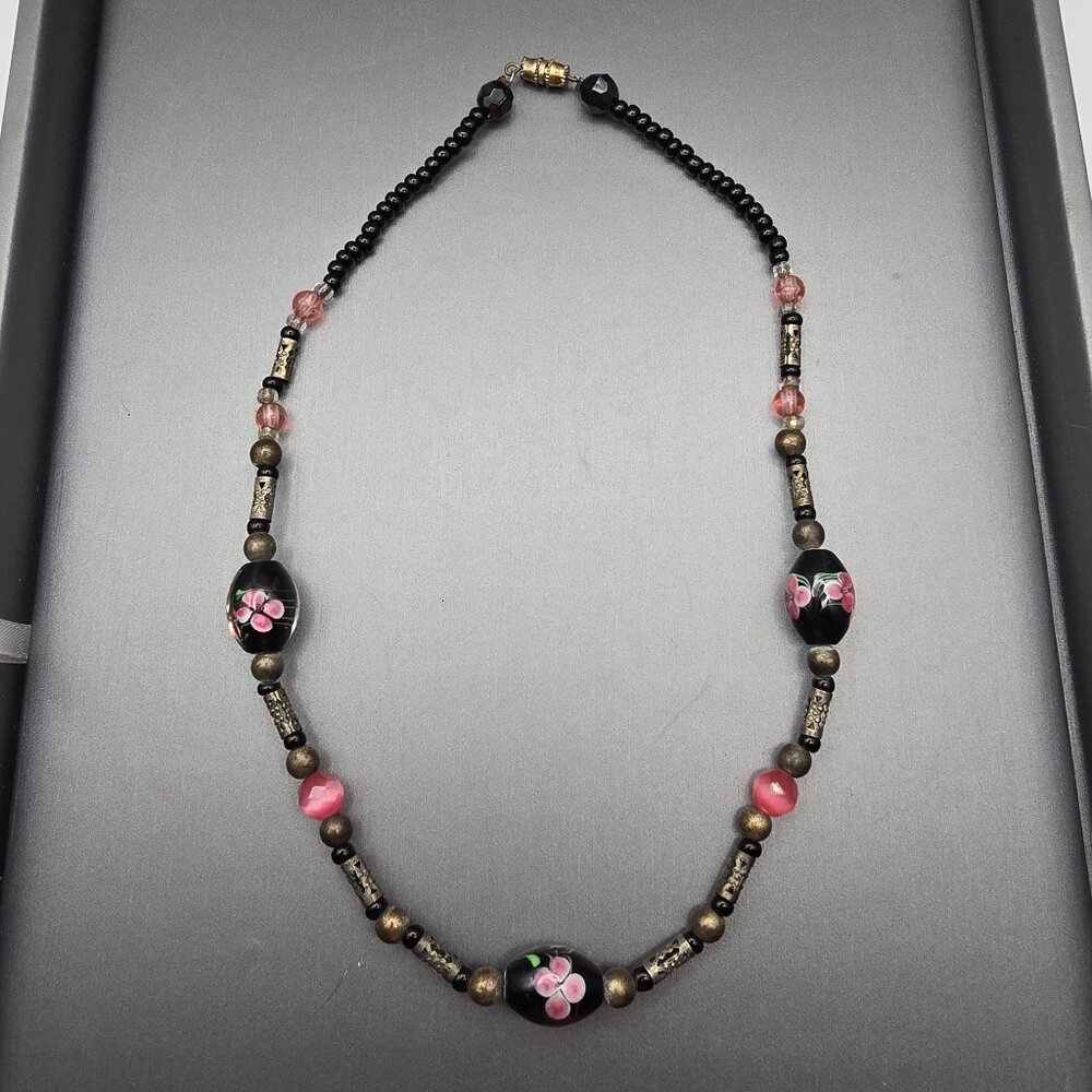 VTG Hand-Blown Lampwork Glass Bead Necklace 16" Floral Motifs Mixed Media - Picture 12 of 12